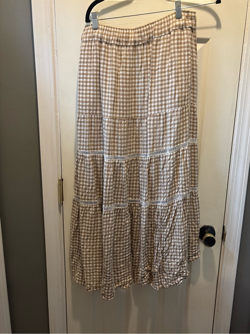 Madewell Beige and White Gingham Tiered Maxi Skirt